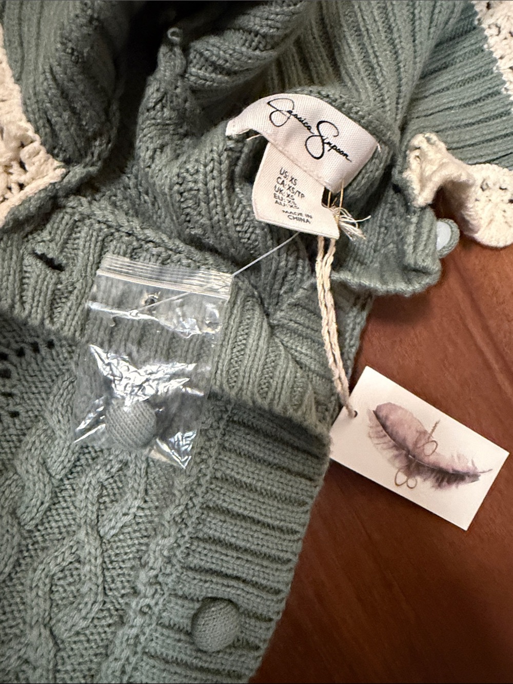 Jessica Simpson Sage Green Cable-Knit Button Cardigan with Cream Lace Trim - Picture 9 of 9